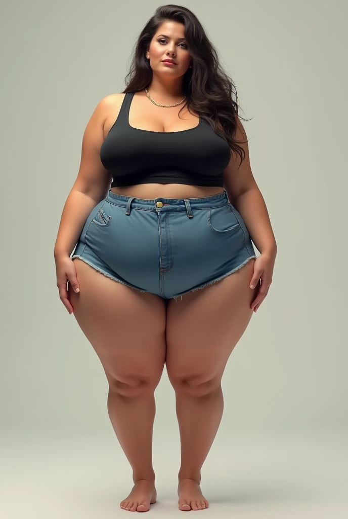 Girl, (Round and plump face, large almond eyes, amber color irises , button nose, plump and full lips, round and plump cheeks, round and soft chin, round and soft jawline, small and pouty mouth, full, even, stright and pearly white color teeth, smooth, soft, soothing, silvery, serene, sultry, soporific and sweet voice, fleshy, straight and lifted up neck, small, round and soft shoulders, round, round and delicate shoulders, stout clavicles, round, even, firm, equal, supple, stout, elevated, perky, full and symmetrical breasts, deep clevage, small, slim, curvy, concaved and having skinfolds waist, soft and curvy stomach, round and centred navel, curvy, soft, smooth and thick love handles, curvy, round, lifted up, strong and flexible hips, thick, strong, glossy, dense, perfectly round and smooth thighs, having thigh gap, smooth, toned and curvy legs, thick, glossy and round calves, full bubble buttocks, golden ivory glass skin, long, full, thick, voluminous, silky, wavy and jet-black color, having perfect S- curves and slim fit body
Measurements:
Height: 60.04 inches
Bust: 38 inches
Underbust: 33 inches
Waist: 24 inches
Hips: 38 inches
Thighs: 24 inches
Legs: 38 inches
Calves: 15 inches
Buttocks: 42 inches), dressed in black trunk and denim jeans