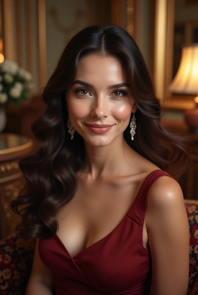 This captivating image depicts a woman with a warm, inviting expression, her eyes sparkling with mischief and her red-painted lips curving into a playful smile. Her long, dark hair is tousled, adding a touch of effortless glamour to her look.
The woman is wearing a vibrant, crimson-colored blouse that drapes elegantly over her shoulders, creating a striking contrast against her tanned skin. The fabric of the blouse appears to be luxurious and flowing, giving the impression of movement and sensuality.
Adorning her neck is a delicate gold necklace with a small, sparkling pendant that draws the eye to her graceful décolletage. The woman's makeup is subtle yet impactful, with defined brows, shimmering eyeshadow, and that bold, high-impact red lip color.
The background is a gradient of warm, complementary hues, with rich, deep reds and oranges that create a dramatic, cinematic feel, further emphasizing the woman's captivating presence and allure.
Without being able to identify the individual, the image evokes a mood of confidence, playfulness, and a touch of mystery – a woman who is comfortable in her own skin and exudes a magnetic, almost magnetic charm. The overall styling and composition invite the viewer to imagine the stories and emotions behind her enigmatic expression.