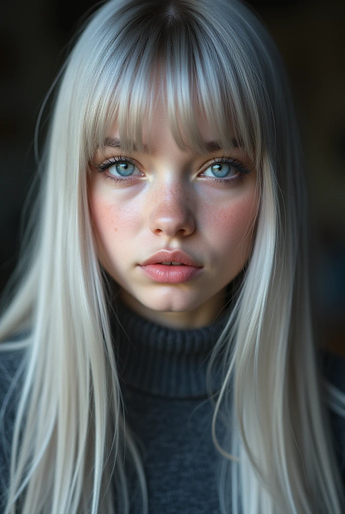 (((top-quality,8K,masterpiece:1.3)),Crisp focus:1.2,Cute woman with perfect body shape:1.4,Highly detailed facial and skin texture,、Beautiful face taken beautifully and evenly:1.5、Full Body Angle、Scandinavian cute girl、Small、Beautiful silky silver hair、clear gray eyes、Large knitwear、(Black XL Size Knitwear)、(((blurry backround:1.3)))
