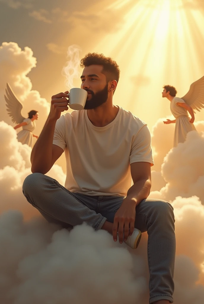 young man god of happiness his hair is black and the roots are white Scandinavian god of fun, 160 height, medium length hair black white, athletic build, sits on a cloud, below people drink beer and have fun, people look like Vikings, Dark Fantasy style