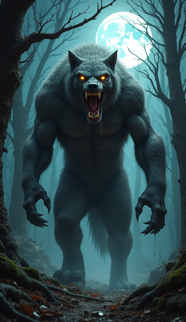 Create a very large and scary werewolf in a super realistic way in 4k and with red eyes and big teeth under the full moon and with a black forest