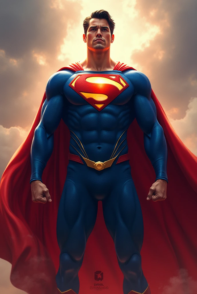 Jim Lee, 1boy, Superman abs, Bara, cabelo preto, body azul, olhos castanho, body, capa, boca fechada, folded arms, peitorais grandes,logo letra R, foco masculino, musculoso, macho musculoso, levantamento peitoral, peitorais, capa vermelha, cabelo curto , fundo futuro, solo, super hero, parte superior do corpo, estilo plano, ((obra-prima))