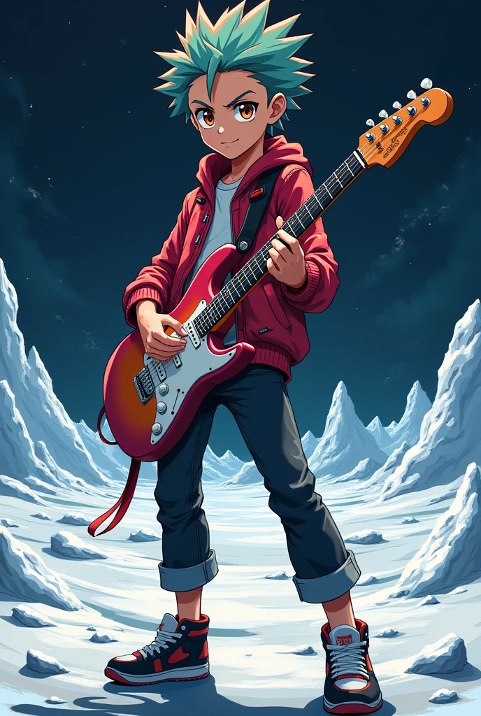 (masterpiece), score_9, score_8_up, score_7_up, score_6_up, score_5_up, score_4_up, 1boy, solo, Chai, brown hair, brown eyes, mechanical right arm, single mechanical arm, red scarf, open jacket, red shirt, pants sneakers, holding instrument, electric guitar