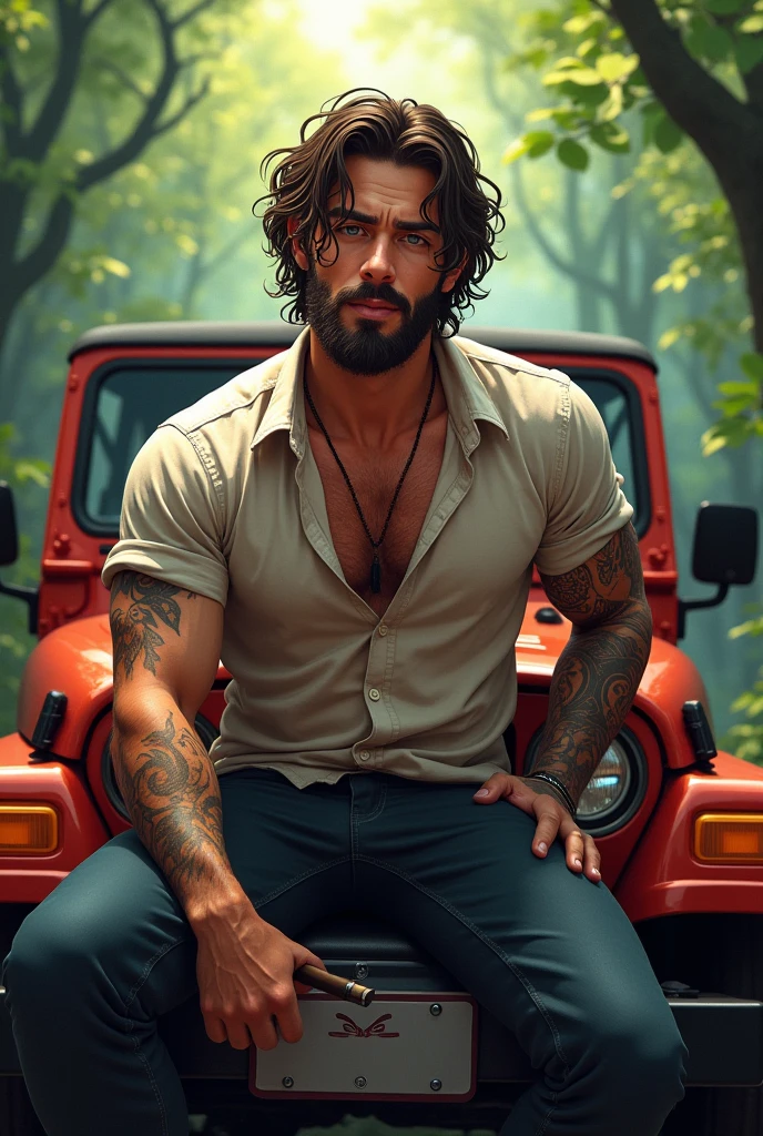 fuhrerdoodles style painting of a rugged lumberjack wearing an open plaid shirt and jeans bottle of wine in one hand standing in the jungle, beautiful eyes, black beard, black hair, detailed , sexy pose