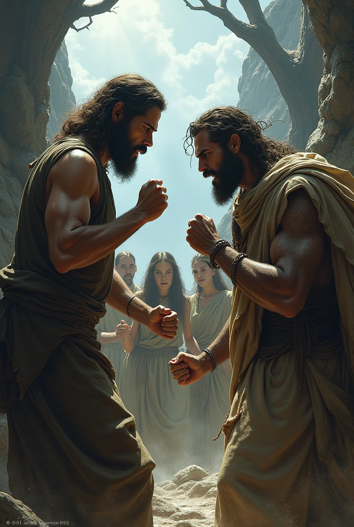 two cavemen who look a bit alike staring at each other, one with an angry face and the other with a calm and good face, the image must have a dark and mysterious air they are the sky opens a ray of light under the man who has a serene face
