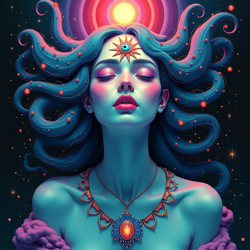 create a surreal image with the elements: eyes, pupil, nebula, night, moon, hands, crossroads