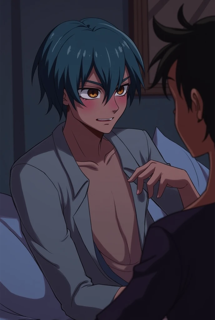 a mysterious figure with purple and blue hair completely naked