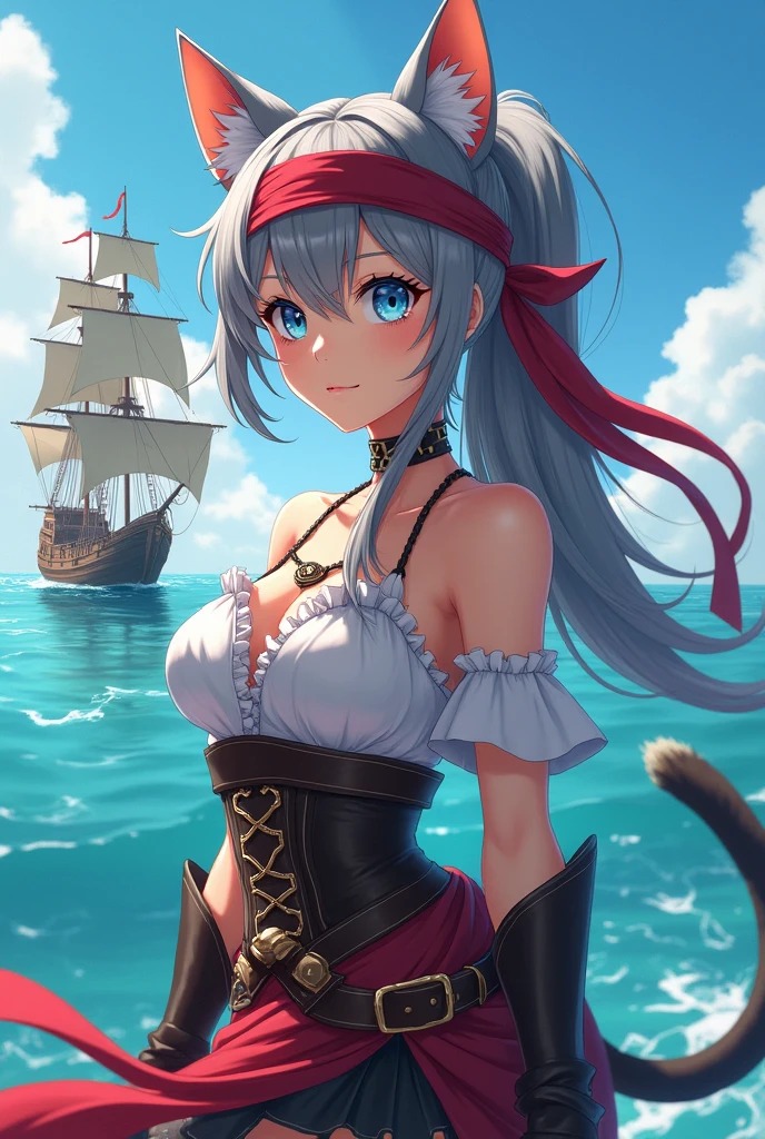 Atlas Fayon woman 25 years old, white hair with black stripes, blue eyes like sapphires, white tiger ears, SMILE, blush, big breasts. dressed as a pirate, pirate clothes, neckline, background a pirate ship in the middle of the ocean.