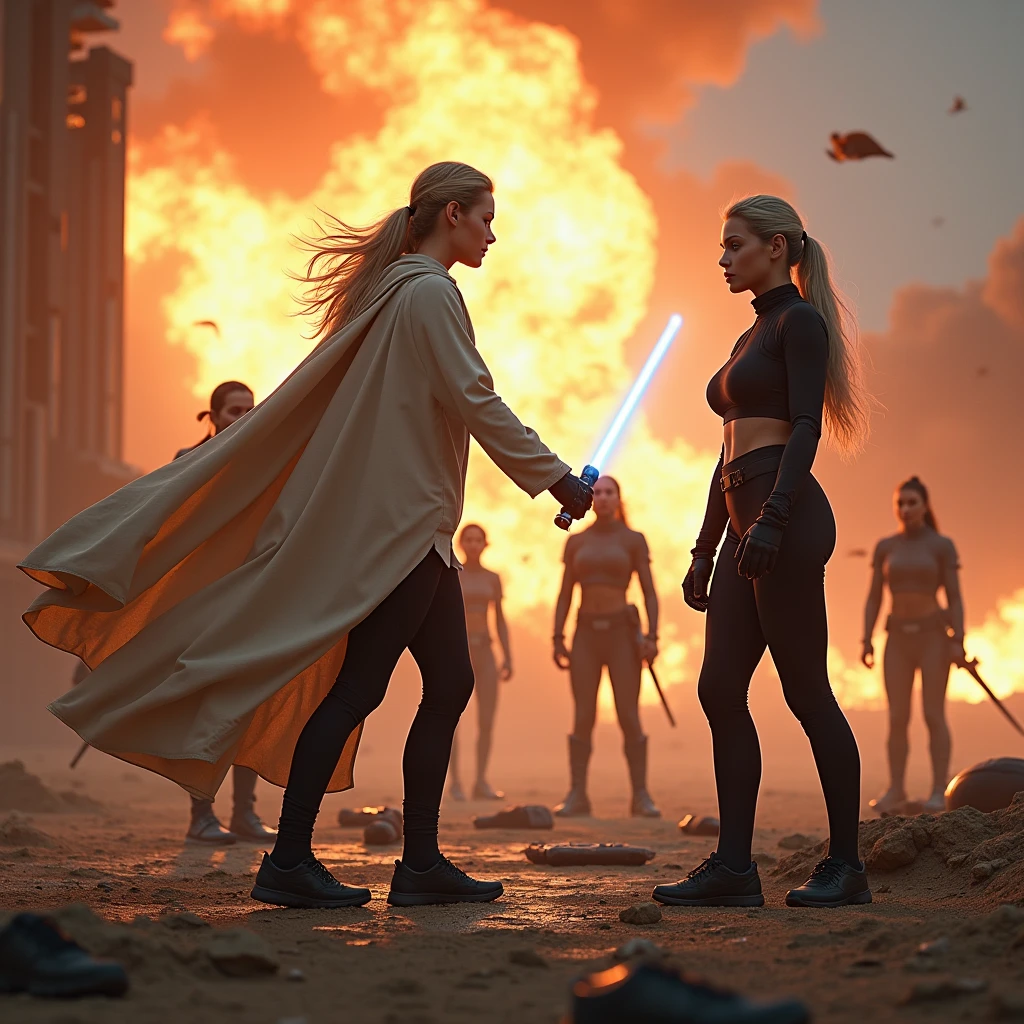 brie larson is a samurai with the perfect feminine heavyweight  bodybuilder physique  dressed like a samurai, standing atop a building looking out to the sea., showing abs and arms, showing thights, her body is the most enticiing one as she looks into the camera, while we see her whole body. at dawn, in winter, Northern Europe, masterpiece detailed face, ultra realistic