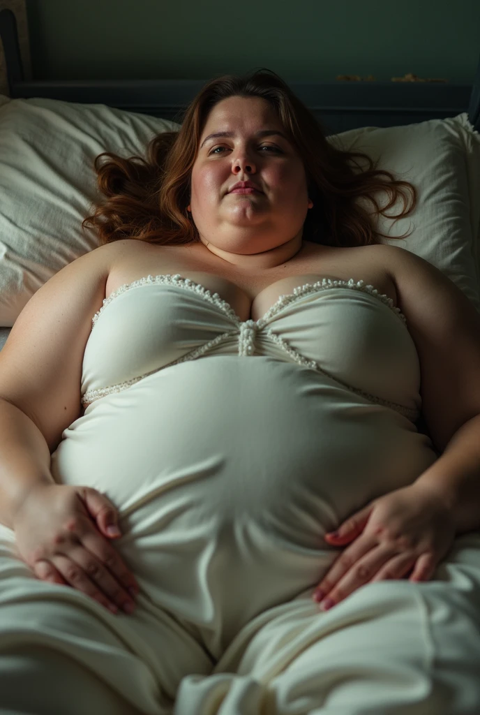 A morbid girl in panties being fed in bed lying down by an equally obese and morbid girl while she grabs her obese belly and makes it fatter and fatter, both around 400kg of obesity