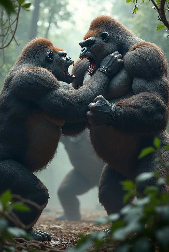 There is a gorilla playing tennis in the center of the court. The gorilla is black and has strong muscles spread throughout its body. It grips a tennis racket in its hands and is diligently chasing the ball. Despite its large physique, the gorilla moves with agility, returning the ball and occasionally unleashing astonishing smashes. The surrounding spectators are in awe, overwhelmed by the gorilla's play. It dashes across the court in an instant and its powerful strikes are truly impressive. The gorilla's playing style is a remarkable fusion of strength and grace, delivering a new level of excitement to the world of tennis.