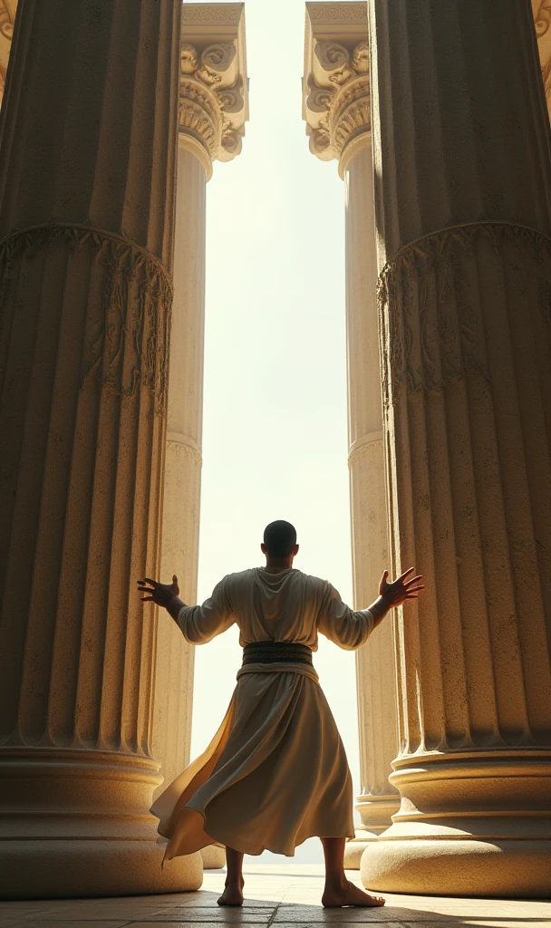 Young strong hairy bearded Puerto Rican man in white underwear, Islamic cap on the head, standing, in a large white hall with open arms and hands extended towards and facing the strong statue of Zeus. Shirt and pants fallen on the floor.