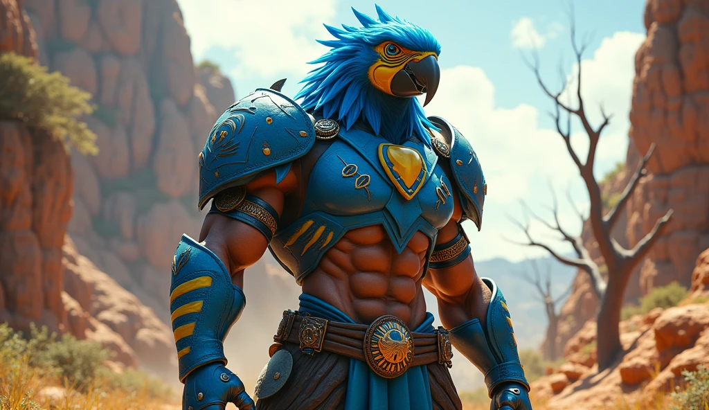 Barbarian with an vulture head； grey feathers； Only the upper body is shown； Game character illustration； masterpiece, ((ultradetailed))，intricate (high detail:1.1) unrealengine, highest quality，no wings，Side view lens, Dungeon style background, The right hand holds a whip