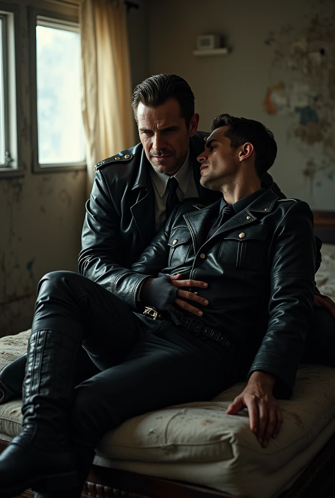 a handsome man wearing a black suit and black leather gloves and then kissing his male slave sadisticly 