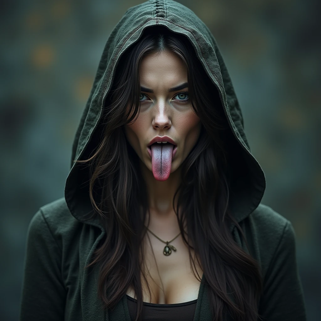 a drawing of a woman with a balaclava covering her eyes, and a tie around her neck, trending on deviantart, given, with her mouth open with her tongue pierced, alternative album cover, dark metal art only, deadly fists, dark illustration , strangled with rope, dark surreal art, silent, anatomically correct, super detail, high details, highres, 4K