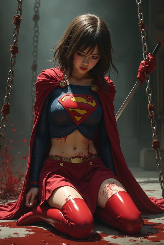 masterpiece、The injured short-haired Supergirl costume is trapped in a glass case.、tattered clothes、big and full breasts、look at the camera、shiny costume、long sleeve、Bukkake、Dripping liquid、scattered sludge、Covered with lotion、exhausted、red mini skirt、barefoot