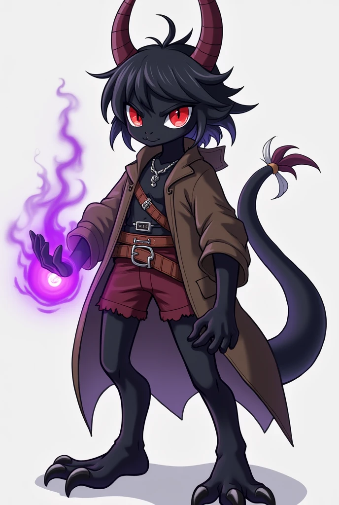 Anime character, black curly hair, pulled eye, brown skin, dragon tattoos on arms, scar on left eye, red eyes, magic staff on left hand, black overcoat, full body, animation, 2D art, digital ART, anime style, high quality