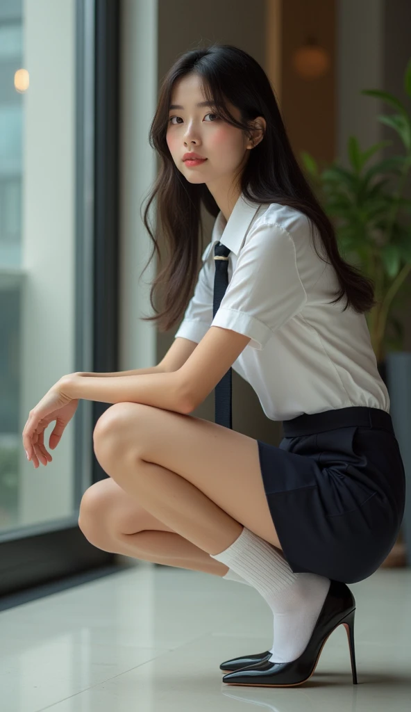 Full body portrait of Woman 18s in thai university uniform, white shirt, black skirt, brown belt, white sneakers, sitting with one leg crossed legs on the desk in the dark classroom, creating fire on her hand, low key. High contrast, high detail