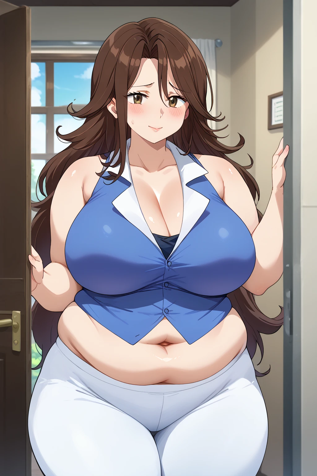  Sumeragi Lee Noriega ,  Sumeragi Lee Noriega ,blue shirt, sleeveless ,White trousers,Exposed navel,Obese middle-aged woman, troubled expression, embarrassing expression ,milf, chubby, king bang , score_9,  score_8_ up、 score_7_ up、 score_6_ up、 score_5_ up、 score_4_ up、 masterpieces at the front door of the house、 top quality , very aesthetic,  absurd、 Source_ anime anime screencap,  one woman、Alone、 personal  、 brown eyes、 brown hair 、 long hair、Super huge breasts,  super huge clevis、Super huge, Super huge boob,Curvy、 wide hips、 