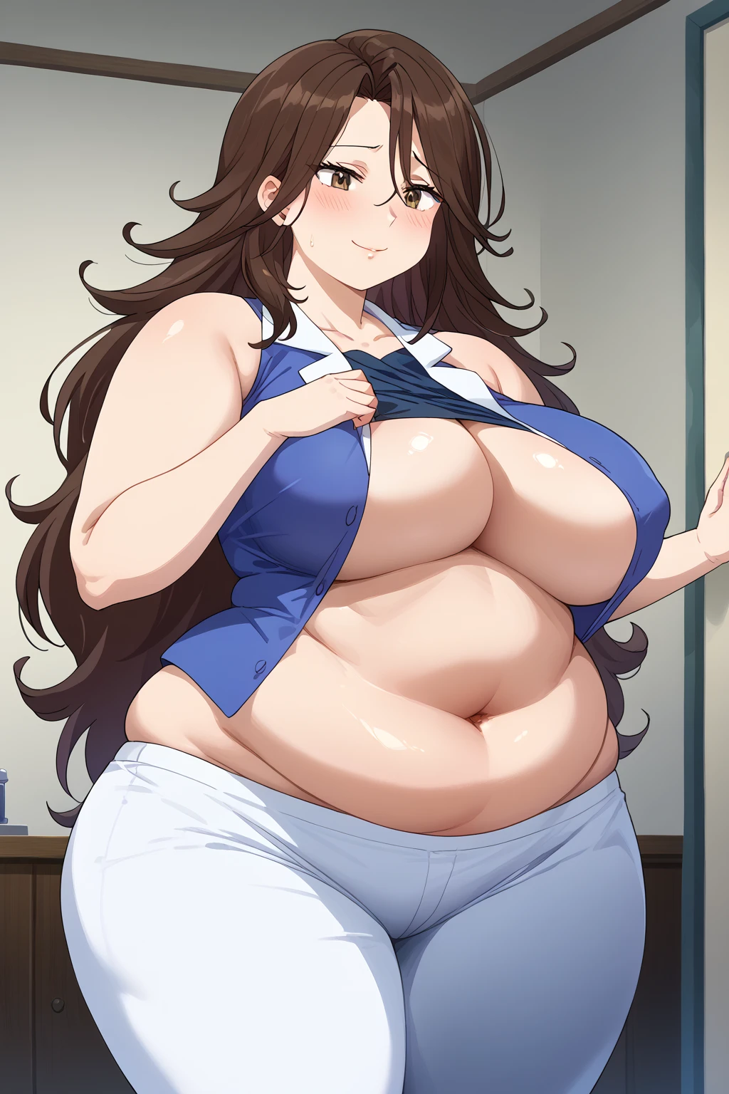  Sumeragi Lee Noriega ,  Sumeragi Lee Noriega ,blue shirt, sleeveless ,White trousers,Exposed navel,Obese middle-aged woman, troubled expression, embarrassing expression ,milf, chubby, king bang , score_9,  score_8_ up、 score_7_ up、 score_6_ up、 score_5_ up、 score_4_ up、 masterpieces at the front door of the house、 top quality , very aesthetic,  absurd、 Source_ anime anime screencap,  one woman、Alone、 personal  、 brown eyes、 brown hair 、 long hair、Super huge breasts,  super huge clevis、Super huge, Super huge boob,Curvy、 wide hips、