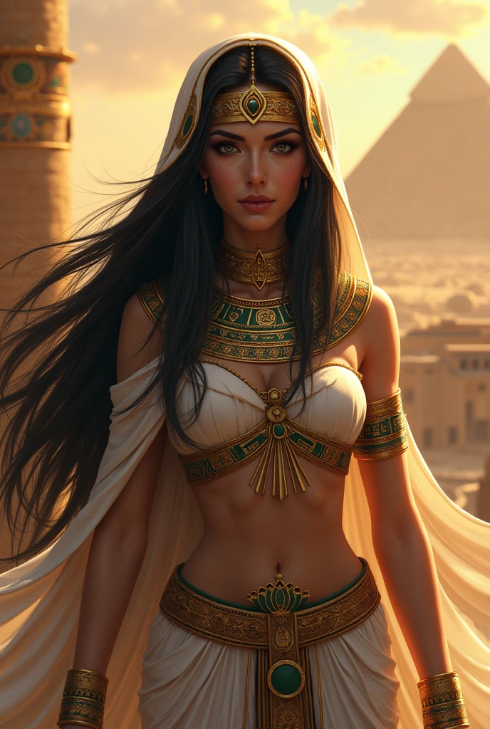 draw a beautiful woman, white queen of Pharaoh, sexy old Egyptian goddess, pyramids
