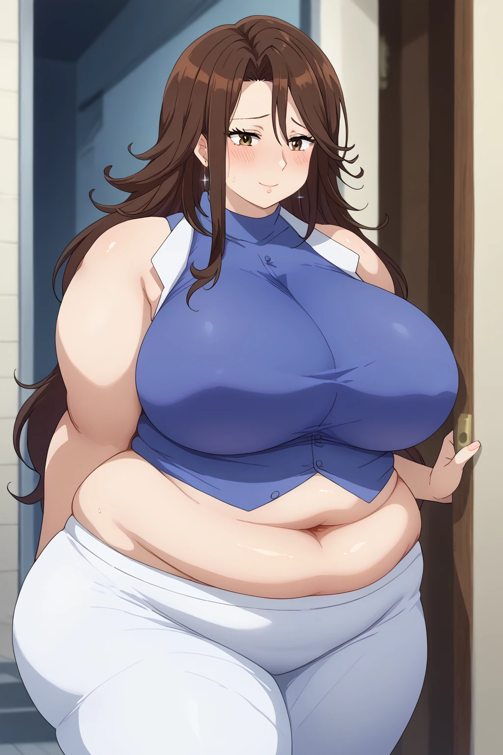  Sumeragi Lee Noriega ,  Sumeragi Lee Noriega ,blue shirt, sleeveless ,White trousers,Exposed navel,Obese middle-aged woman, troubled expression, embarrassing expression ,milf, chubby, king bang , score_9,  score_8_ up、 score_7_ up、 score_6_ up、 score_5_ up、 score_4_ up、 masterpieces at the front door of the house、 top quality , very aesthetic,  absurd、 Source_ anime anime screencap,  one woman、Alone、 personal  、 brown eyes、 brown hair 、 long hair、Super huge breasts,  super huge clevis、Super huge, Super huge boob,Curvy、 wide hips、