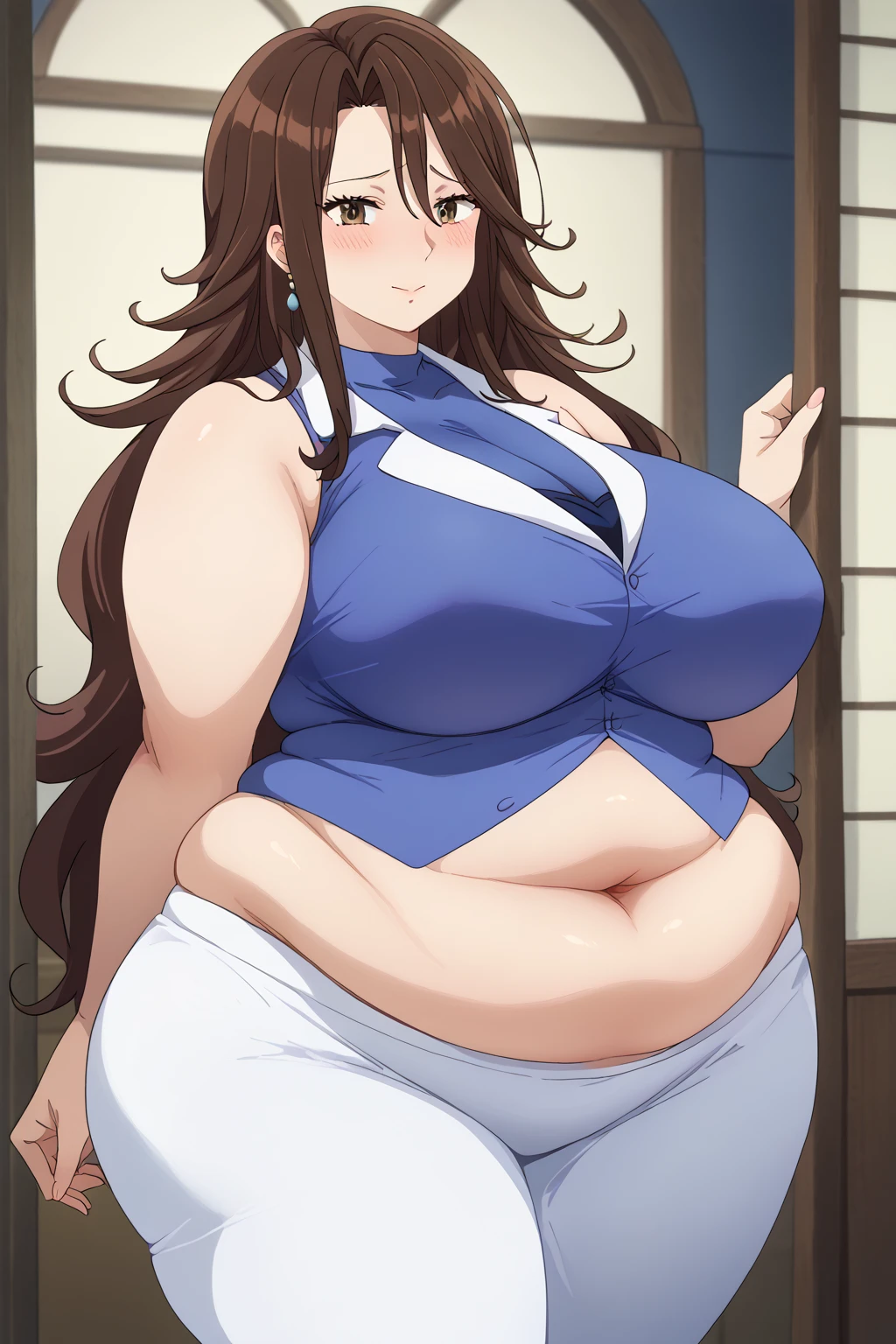  Sumeragi Lee Noriega ,  Sumeragi Lee Noriega ,blue shirt, sleeveless ,White trousers,Exposed navel,Obese middle-aged woman, troubled expression, embarrassing expression ,milf, chubby, king bang , score_9,  score_8_ up、 score_7_ up、 score_6_ up、 score_5_ up、 score_4_ up、 masterpieces at the front door of the house、 top quality , very aesthetic,  absurd、 Source_ anime anime screencap,  one woman、Alone、 personal  、 brown eyes、 brown hair 、 long hair、Super huge breasts,  super huge clevis、Super huge, Super huge boob,Curvy、 wide hips、