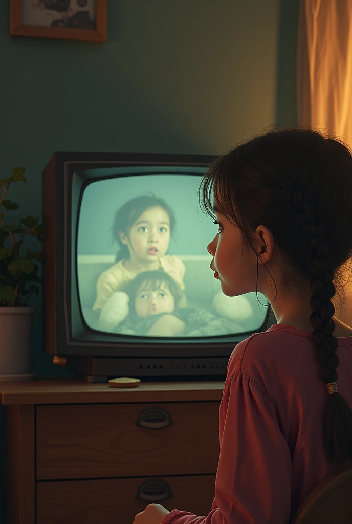 "An old tape on old TV, kids watching '80s TV. Realistic style of better quality and old look."