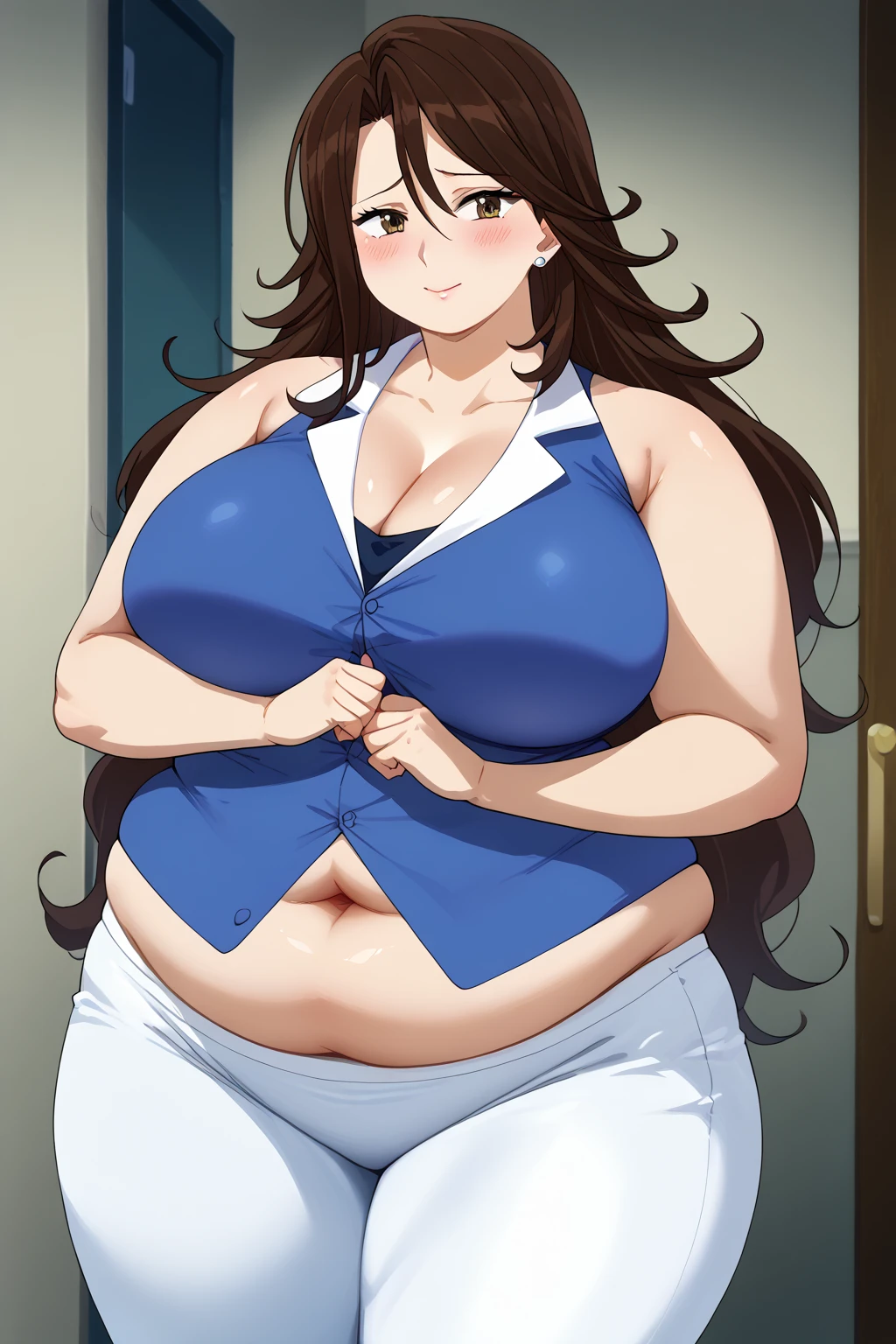  Sumeragi Lee Noriega ,  Sumeragi Lee Noriega ,blue shirt, sleeveless ,Sexy Tops,White trousers,Exposed navel,Obese middle-aged woman, troubled expression, embarrassing expression ,milf, chubby, king bang , score_9,  score_8_ up、 score_7_ up、 score_6_ up、 score_5_ up、 score_4_ up、 masterpieces at the front door of the house、 top quality , very aesthetic,  absurd、 Source_ anime anime screencap,  one woman、Alone、 personal  、 brown eyes、 brown hair 、 long hair、Super huge breasts,  super huge clevis、Super huge, Super huge boob,Curvy、 wide hips、