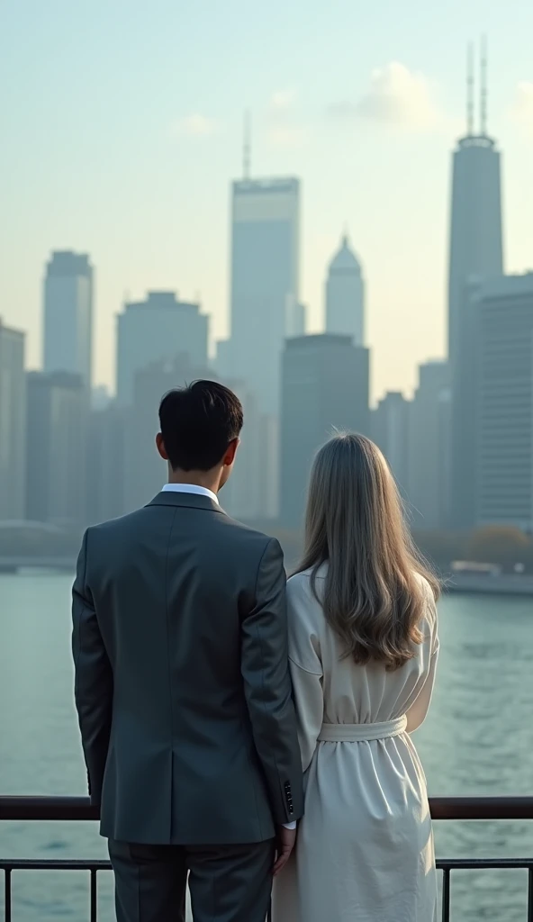People standing on the sidewalk looking at the city skyline, shanghai city, shanghai, with the city as the background, jia ruan, looking at the city, Skyscrapers in the background, city skyline in the background, tourists in background, 8 k''. filling most of the view, in front of a sci fi cityscape, City in the background, City in the background manga couple avatar