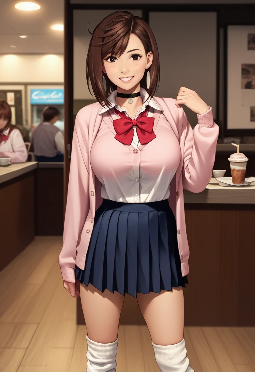 extremely high quality photo, Momo Ayase, sharp focus, realistic, source_photo, proper alignment, young Japanese model, cafe setting, city at night background, glamorous, sexy, seductive, portrait, detailed face, smiling, happy, ayase_wz, medium hair, brown hair, brown eyes, large breasts, chocker, choker, red bowtie, (pink cardigan:1.2), long cardigan, long sleeves, blue skirt, pleated skirt, school uniform, short skirt, earrings, loose socks, white socks