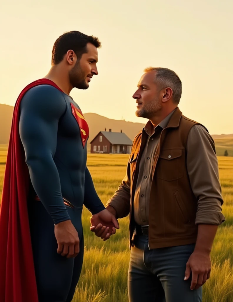 Superman telling his father Jonathan that he's Superman. Jonathan is 70 years-old farmer.  Jonathan love Superman. Superman and his father Jonathan farming sweetly together
