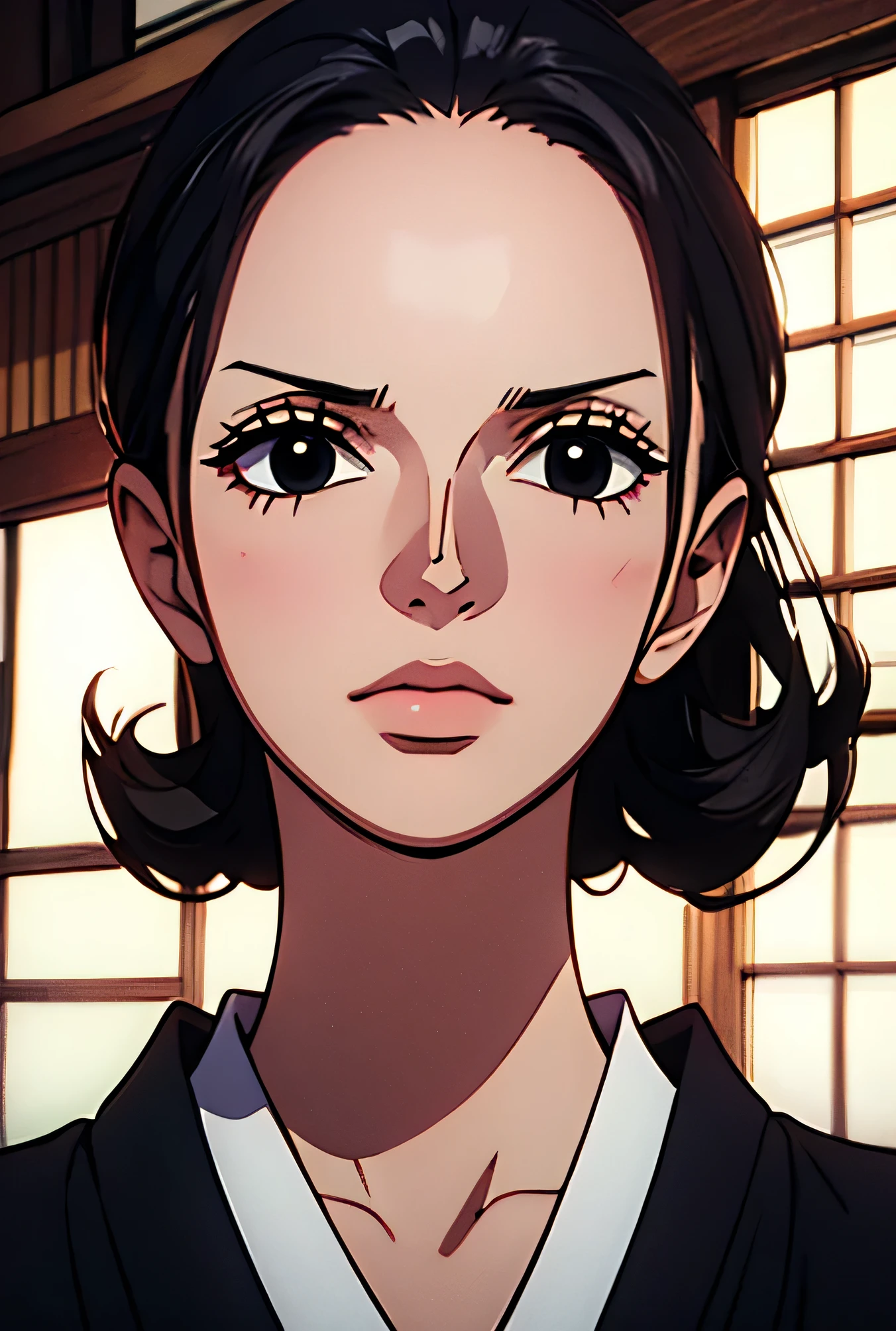 Nico Robin,Cowboy Shot body , long hair, ((big breasts: 1.1)), ((kimono: 1.1)), perfect face, beautiful eyes and face, ((Black eyes: 1.27)), Very detailed, single, ((detailed skin quality: 1.2)), ((unrealistic: 1.2)), high resolution, RAW photo, masterpiece, highest quality, beauty, whole body, hairstyle details, mature woman, Japanese room, RAW photo, highest quality, masterpiece, realistic, high resolution, hyper detail, realism, beautiful face, 1 woman, high resolution, 8k, highly detailed, 4K, Pixiv