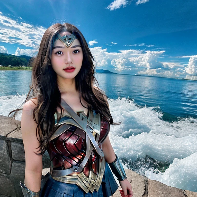    Cool and charming   な顔立ちの 、    Wonder Woman costume  、    beautiful young woman 、18 years old、       Toned Muscles   、 Cool and charming     、  Sharp Eye、 Big Breasted  、white ,  A cloudy liquid is placed over the head