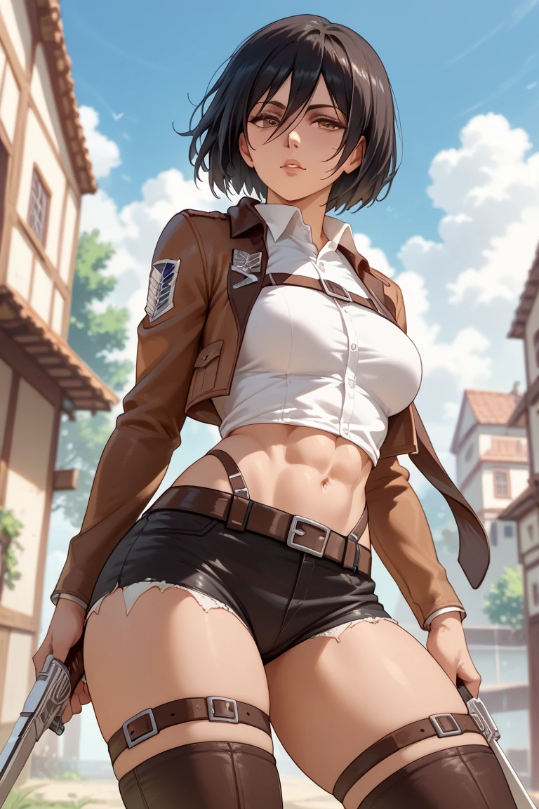 score_9、score_8_up、score_7_up、1 girl、Part your lips、Sunset、Warm glow、Outdoor、Backlight、Textured and shiny skin、Expressive、Sexy smile、Hands on hips、Place your hand on the back of your head、Exposing breastedium chest、Revealing clothing装、Revealing clothing、Exposed breasts、View from below、Skimpy skin、Perfect hands、Clear Eyeikasa Ackerman、black eye、Black Hair、Short Hair、White shirt、Thigh straps、Brown open cropped jacket、Red scarf、White pants、Research Corps \(emblem\)、boots、Are standing
