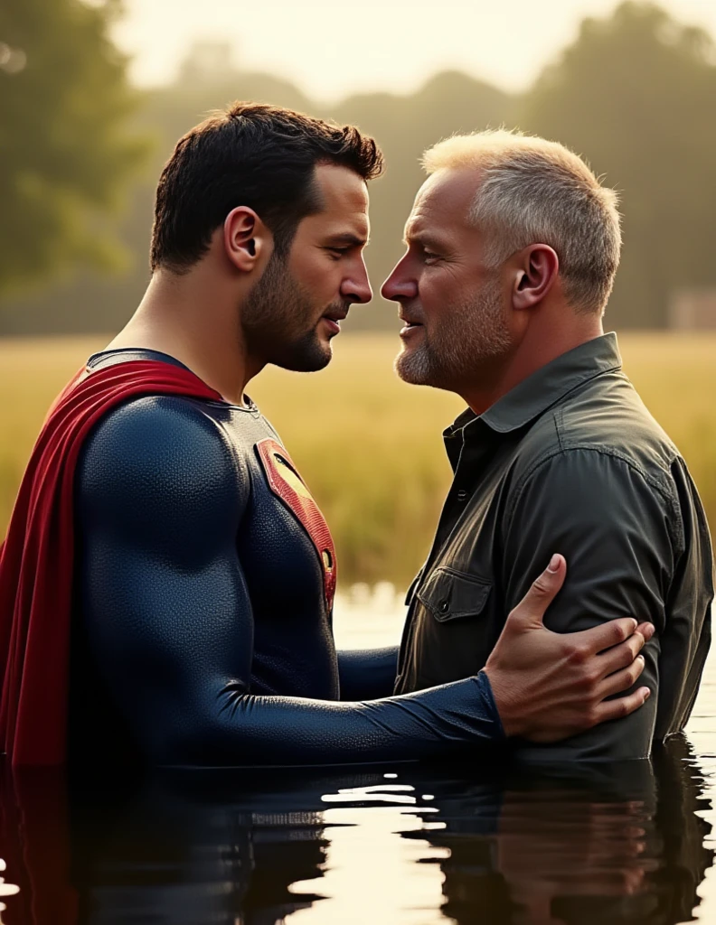 Superman telling his father Jonathan that he's Superman. Jonathan is 70 years-old farmer.  Jonathan love Superman. Superman and his father Jonathan bath sweetly together
