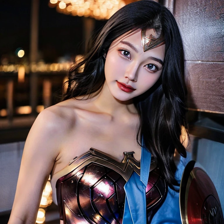    Cool and charming   な顔立ちの 、    Wonder Woman costume  、    beautiful young woman 、18 years old、       Toned Muscles   、 Cool and charming     、  Sharp Eye、 Big Breasted  、