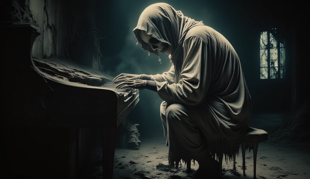 (best quality, 128k,highres,masterpiece:1.2),ultra-detailed,(realistic,photorealistic,photo-realistic:1.37), ((masterpiece)) ((photography)) ((Highest quality)) A hauntingly atmospheric image of a decaying skeleton wearing a tattered hooded cloak, hunched over a broken, dust-covered piano in an abandoned and decrepit room. The environment is dark and eerie, with subtle light filtering through cracked windows, emphasizing the haunting mood. The piano shows signs of age with chipped wood and missing keys, while the skeletal figure's bony hands rest heavily on the keyboard, as if lost in thought or playing a mournful tune. The scene is detailed, cinematic, and evokes a sense of sorrow and mystery.