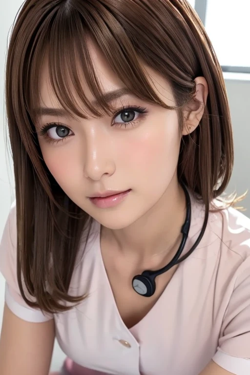 ( table top in bed:1.4,  photorealistic:1.4, 8k),  for a location , masterpiece, Super high resolution,  perfect dynamic configuration, Big Face、Round face、(( light brown hair:1.4、Beautiful hairstyle:1.8))、 Detailed skin and facial textures  :1.3, Body details,  cute sexy 30 year old Japanese nurse , ( tanned skin  :1.6), (( it will completely fascinate you:0.9)),  hospital exam room , Stethoscope, ((Light pink nurse costume:1.4,)),( medium breasts), ( Look Away、 beautiful eyes,  dark eyes,  Beautiful Erotic Eyes :0.85),  old man with sexy face :0.4, (Shut up、Small Mouth、 Thick lips、 a beautiful slice of eroticism:0.85), (( very cute beauty :0.9))、 natural cosmetics,  taken from above ,   looks up at the 