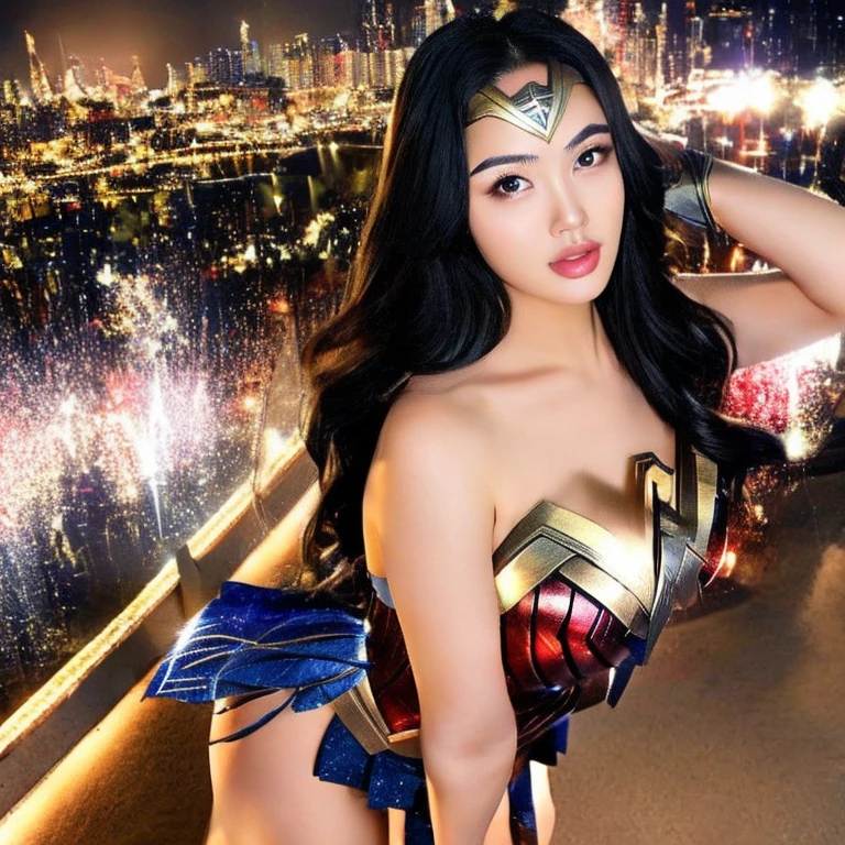    Cool and charming   な顔立ちの 、    Wonder Woman costume  、    beautiful young woman 、18 years old、       Toned Muscles   、 Cool and charming     、  Sharp Eye、 Big Breasted  、