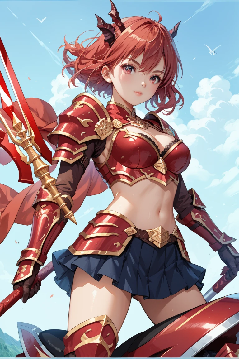 score_9,score_8_up,score_7_up,rating_safe,(full_body:1.3),1girl,breasts,source_anime,large_red_lance,dark_red_armor,mini_skirt,dragon_rider,ride_a_dragon,red_medium_hair,low_angle