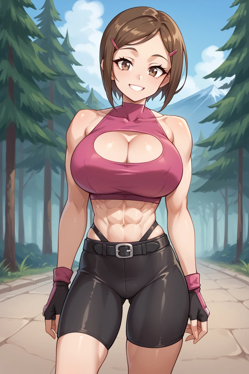 score_9, score_8_up, score_7_up, score_6_up, BREAK, 
torso, girl, short hair, brown hair, brown eyes, hairclip, fingerless gloves, sleeveless top, magenta top, belt, black bike shorts,
tight outfit, abs, toned, muscles, sexy smile, breast implants, fake tits, cleavage, bursting breasts, skindentation, 
sexy pose, mountains and forest background,