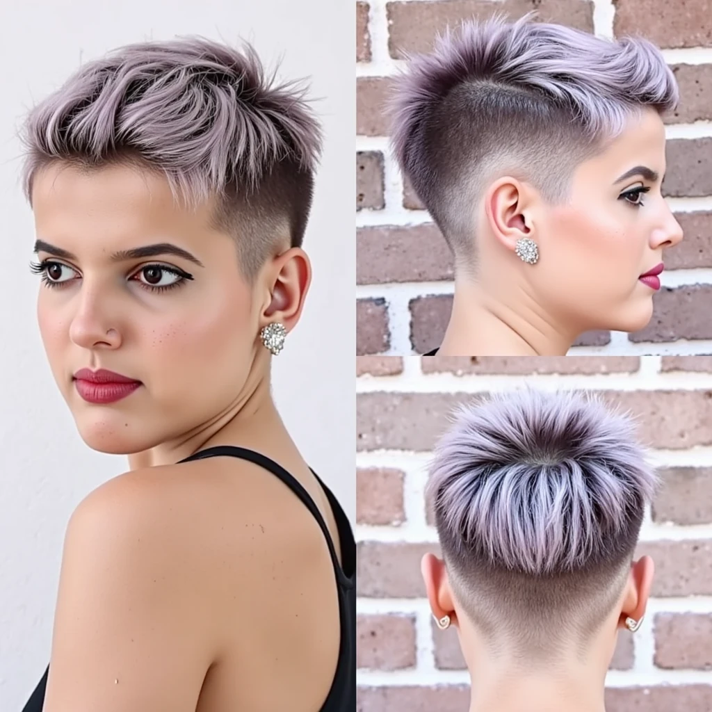 realistic image of a woman with a shaved pixie fade undercut haircut, (looking at the viewer)
