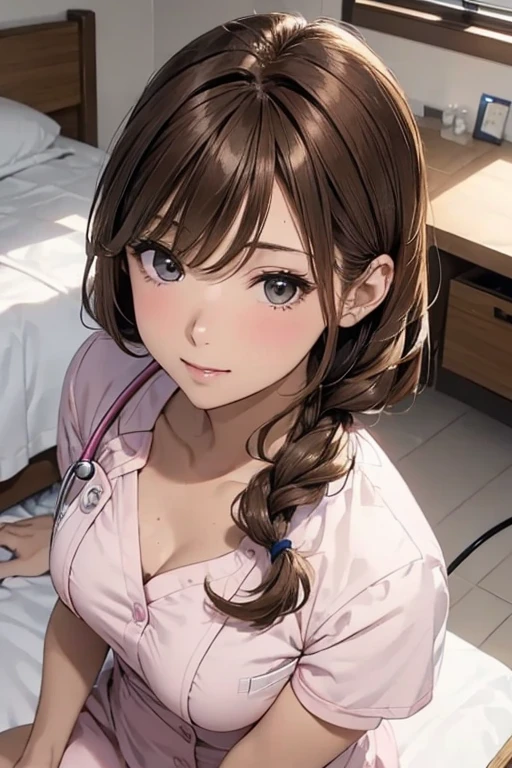 ( table top in bed:1.4,  photorealistic:1.4, 8k),  for a location , masterpiece, Super high resolution,  perfect dynamic configuration, Big Face、Round face、(( light brown hair:1.4、Beautiful hairstyle:1.8))、 Detailed skin and facial textures  :1.3, Body details,  cute sexy 30 year old Japanese nurse , ( tanned skin  :1.6),  hospital exam room , Stethoscope, ((Light pink nurse costume:1.4,)),( medium breasts), ( Look Away、 beautiful eyes,  dark eyes,  Beautiful Erotic Eyes :0.85),  old man with sexy face :0.4, (Shut up、Small Mouth、 Thick lips、 a beautiful slice of eroticism:0.85), (( very cute beauty :0.9))、 natural cosmetics,  taken from above ,   looks up at the 