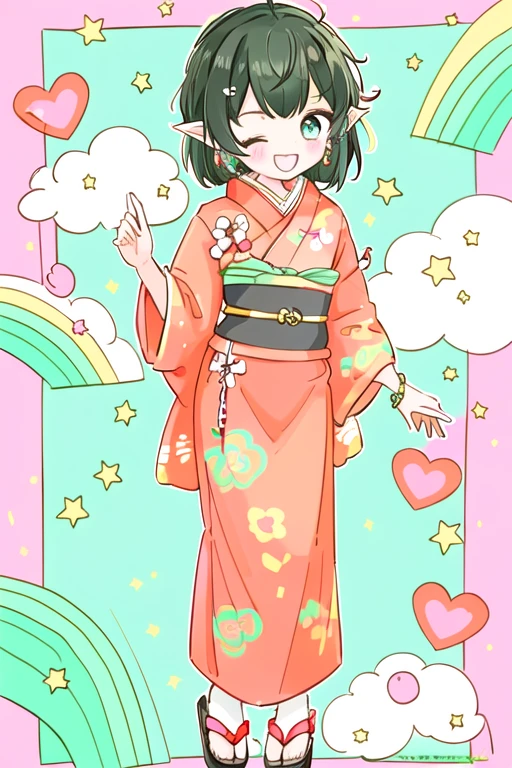 cartoon_stickers, masterpiece, best quality, solo, 1girl, short hair, bob cut, neon green hair, smiling, eyes closes, elf ears, wearing a kimono, pink and orange kimono, black flip flops, diamond earrings, beautiful landscape/background, 