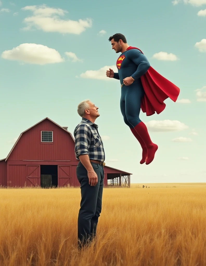 Superman telling his father Jonathan that he's Superman. Jonathan is 70 years-old farmer.  Jonathan love Superman. Superman and his father Jonathan fly sweetly together on the sky.
