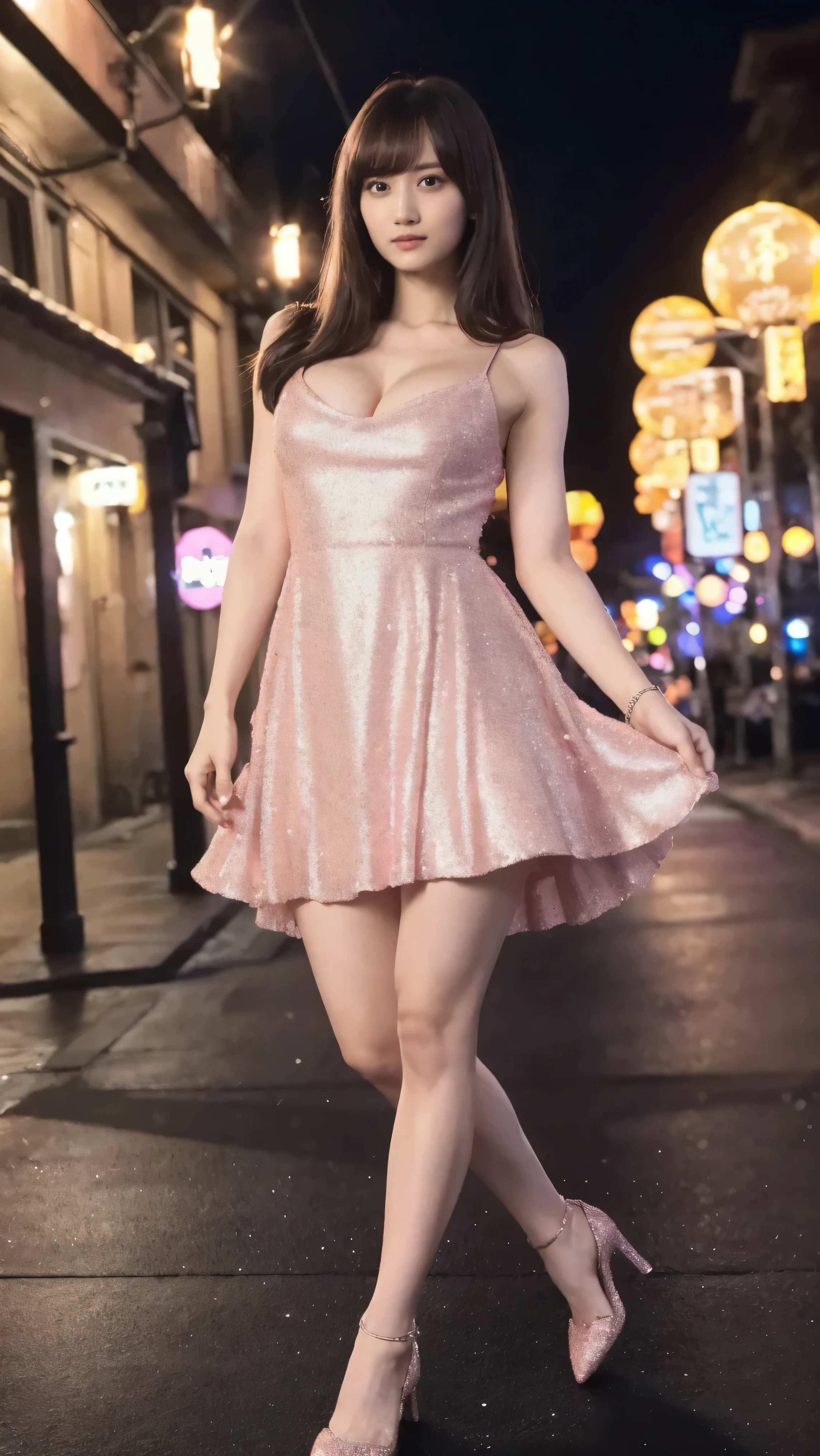  1 girl,(Wearing a pink sparkly evening mini dress:1.2),( RAW Photos, Best Quality), (Realistic, photo-Realistic:1.4), masterpiece,  Extremely Delicate and Beautiful ,  extremely detailed, 2k wallpaper, wonderful, Detailed ,  extremely detailed CG unity 8k wallpaper, Super detailed,  high resolution on down, Soft light,  beautiful detailed girl ,  extremely detailed eyes and face,   Beautiful Detailed Nose ,  beautiful detailed eyes , Movie Lighting, City lights at night,Slender body,(Wear a pink sparkly evening dress with long hair and bangs ),  big breasts at the temple, full body:1.6, White thighs.Prostitute,