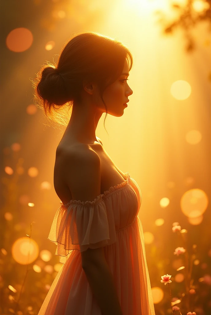 kiddy big breasts, adolable, sideface, Look at the sun, radiating with light, Romanticism, Op art, sparkle, god rays, ray tracing
