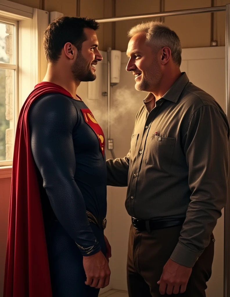 Superman telling his father Jonathan that he's Superman. Jonathan is 70 years-old farmer.  Jonathan love Superman. Superman and his father Jonathan take a shower sweetly together
