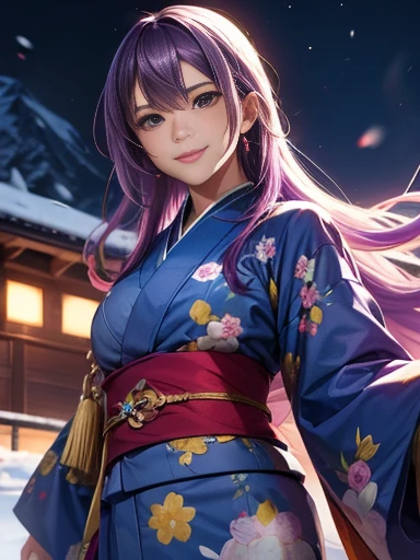  top quality 、 woman with long light purple hair　smile　 in blue kimono （Red flowers 、Yellow belt）　 snowfield during the night blizzard 